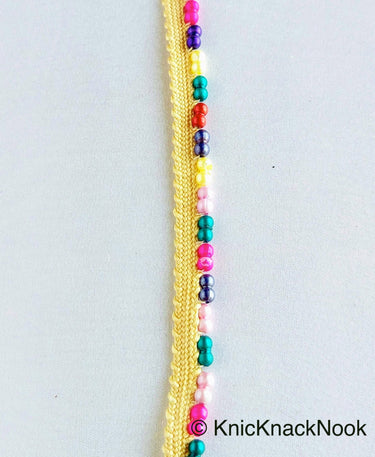 Multicoloured Pearl Beads With Beige Weave Fringe Trim, Approx. 10 mm wide - 210119L205
